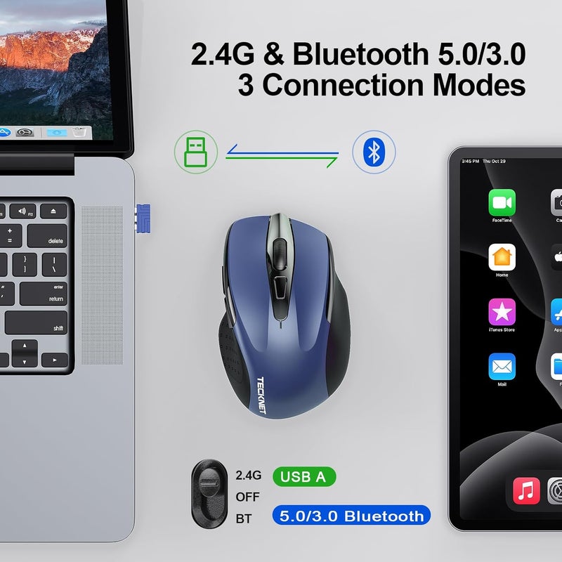 TECKNET Wireless Mouse (2.4G & BT5.0/3.0) Silent 4800 DPI Computer USB A & Bluetooth Mouse 6 Buttons, Wide Compatibility - Blue - Image 2